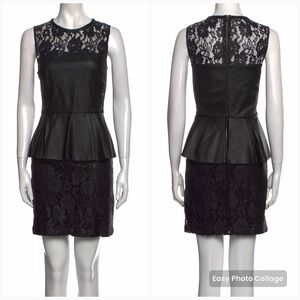 Sea New York Black Shimmery Lace & Leather Peplum Sheath Mini Dress Size: 4/S